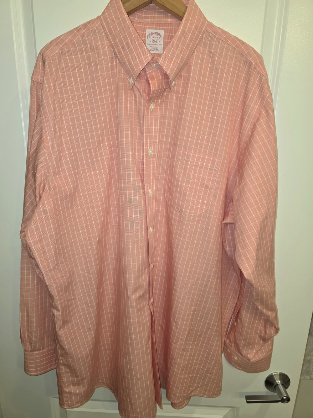Brooks Brothers 346 Men's Dress Shirt 18.5-4/5 Pink Windowpane Non-Iron Cotton